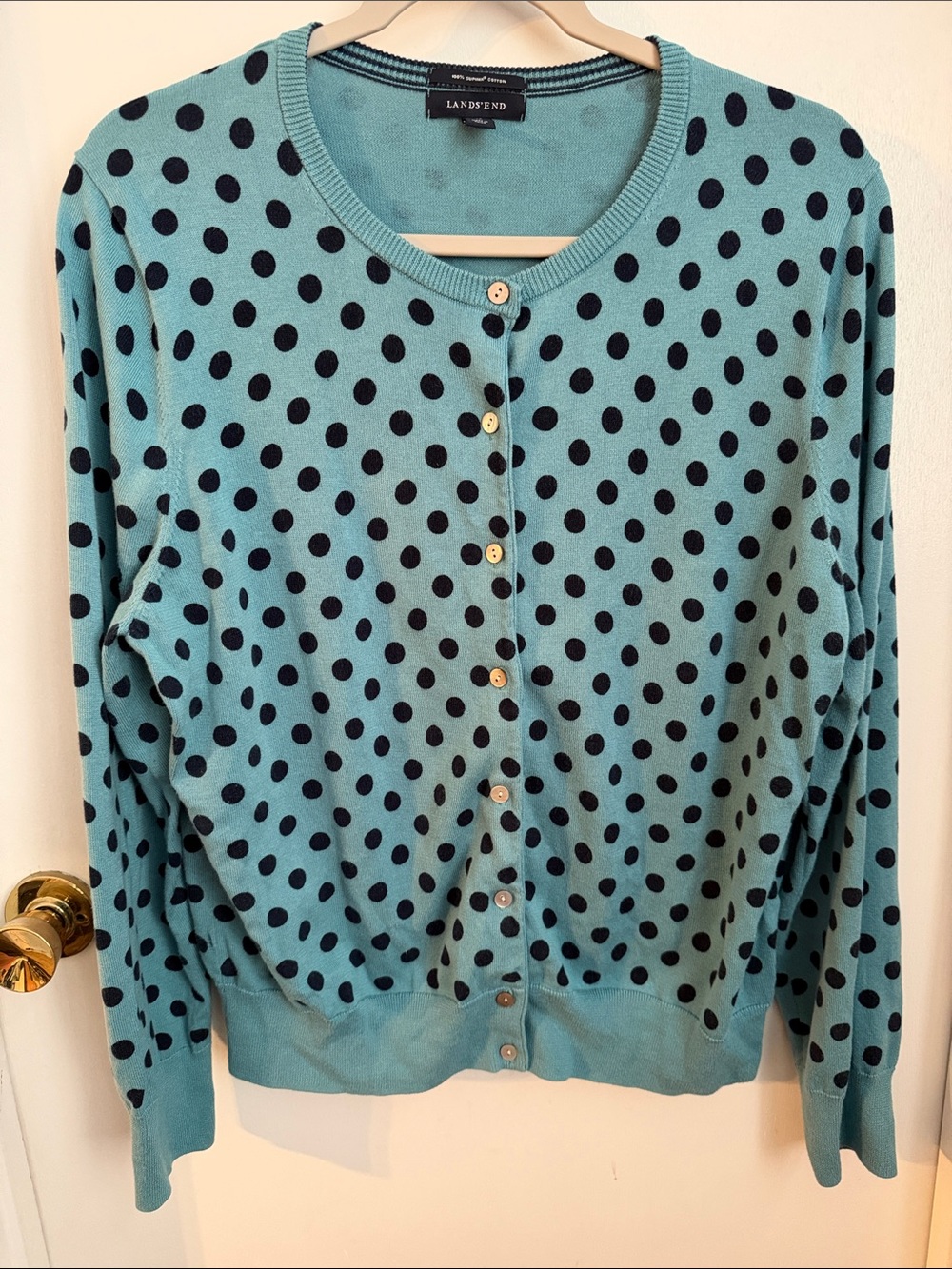 Lands' End Teal Polka Dot Cardigan